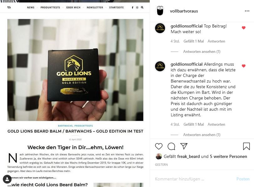 Gold Lions Beard Balm Instagram Antwort